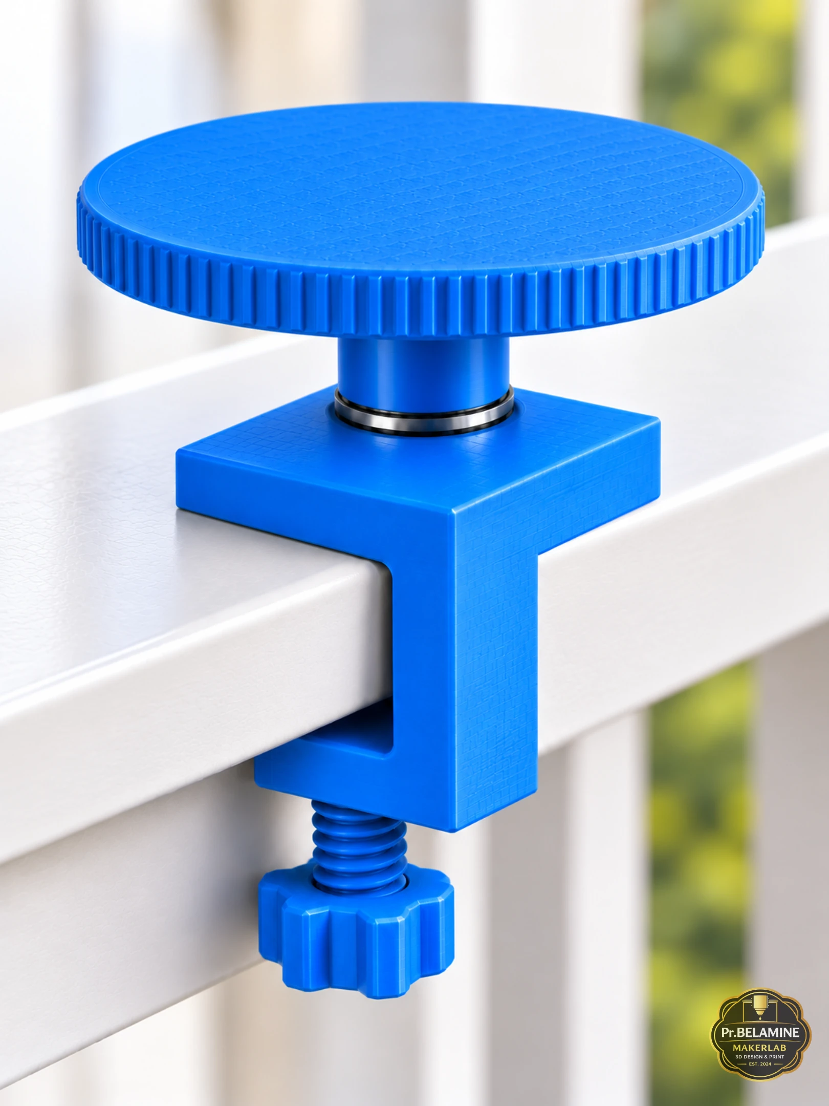 Support rotatif à pince bleu fixé sur un garde-corps, plateau moleté monté sur roulement 608ZZ